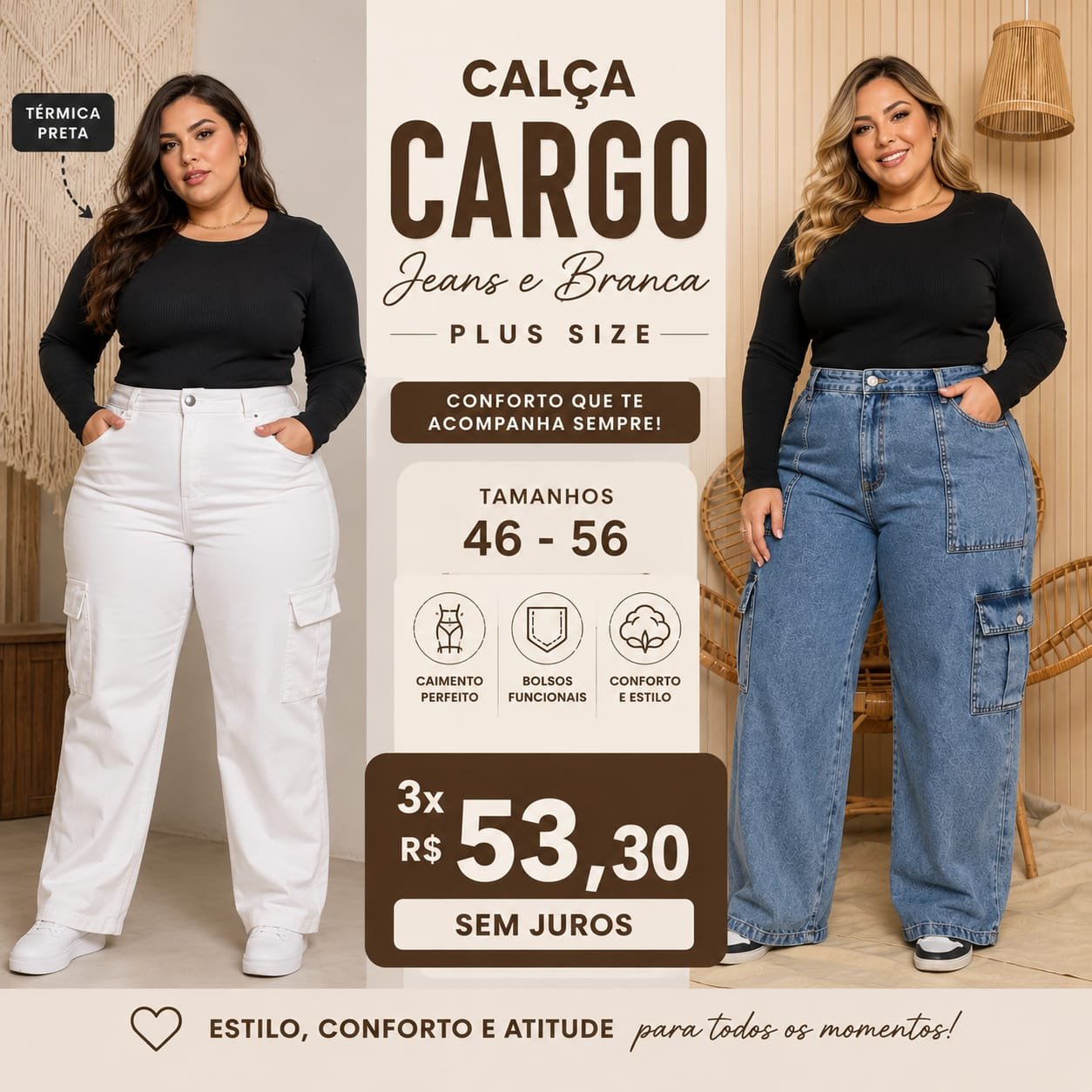 Calça Cargo Jeans Plus Size