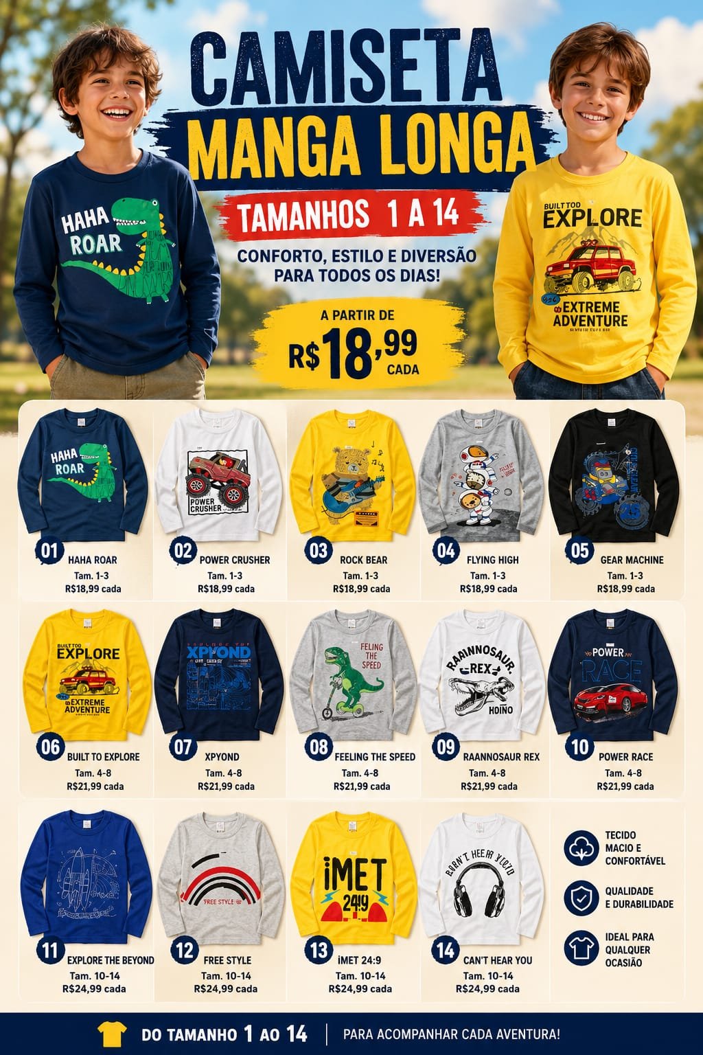 Camiseta Manga Longa Infantil Tam. 1 a 3