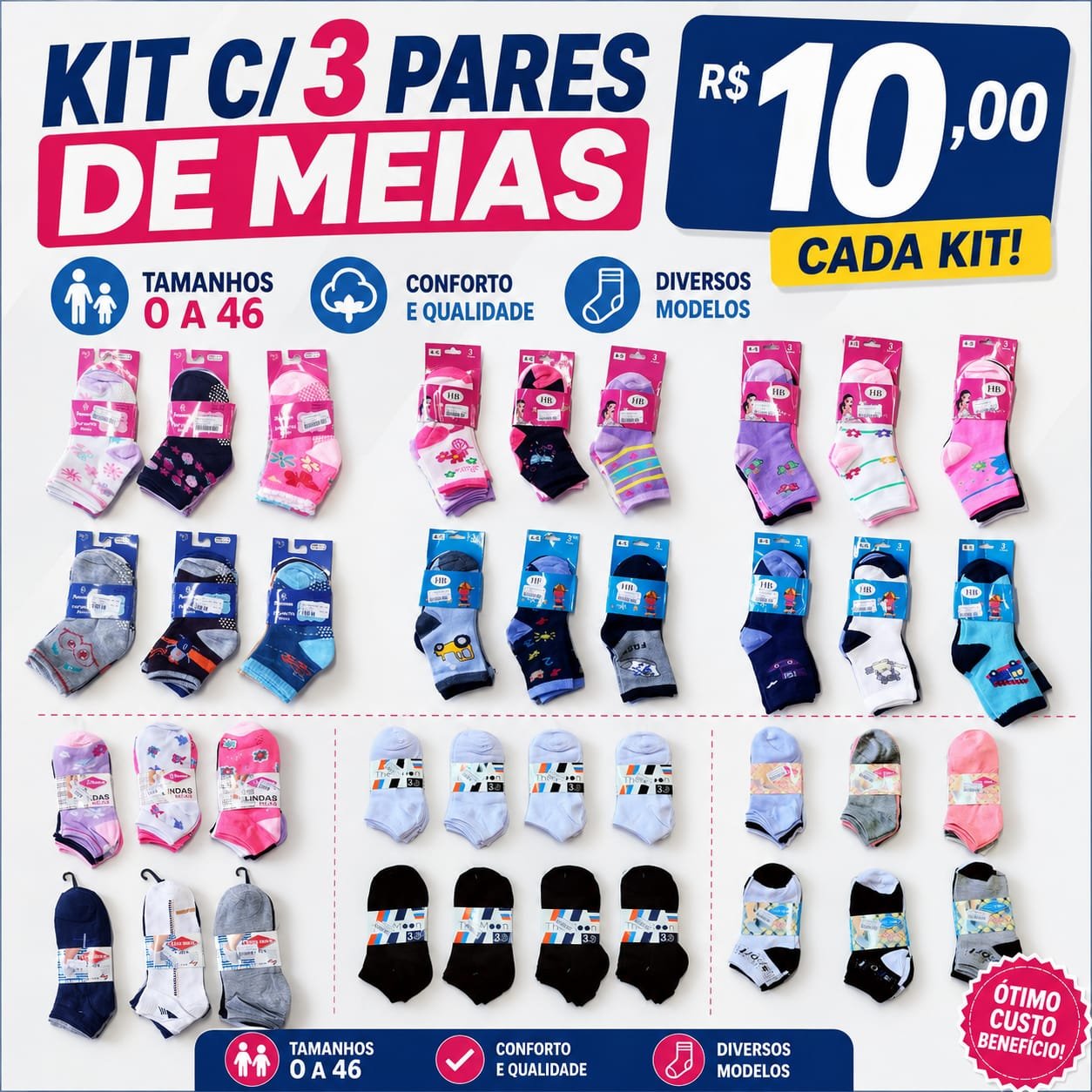 Kit de Meias c/ 3 pares só R$10,00