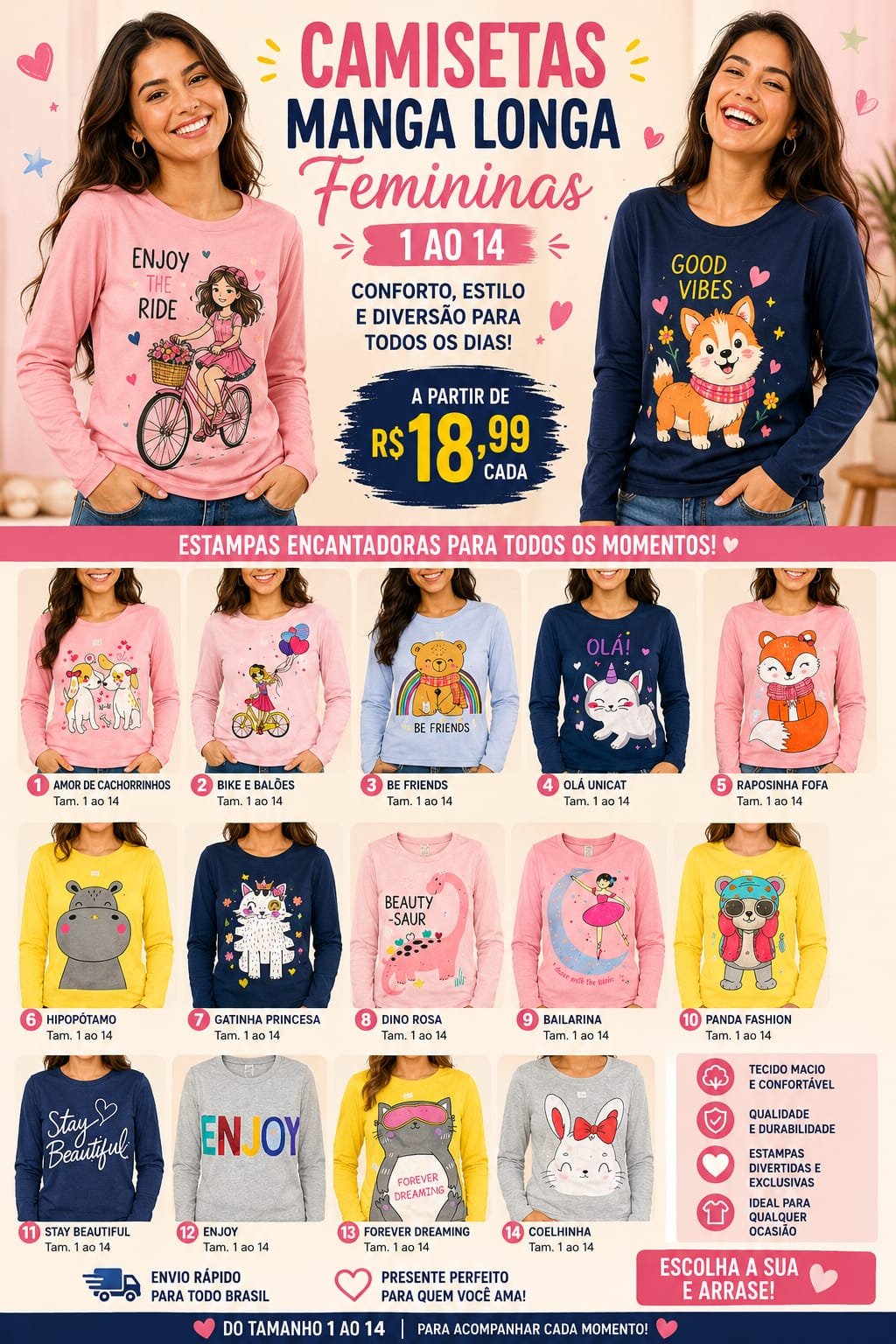 Camiseta Manga Longa Infantil Tam. 1 a 3