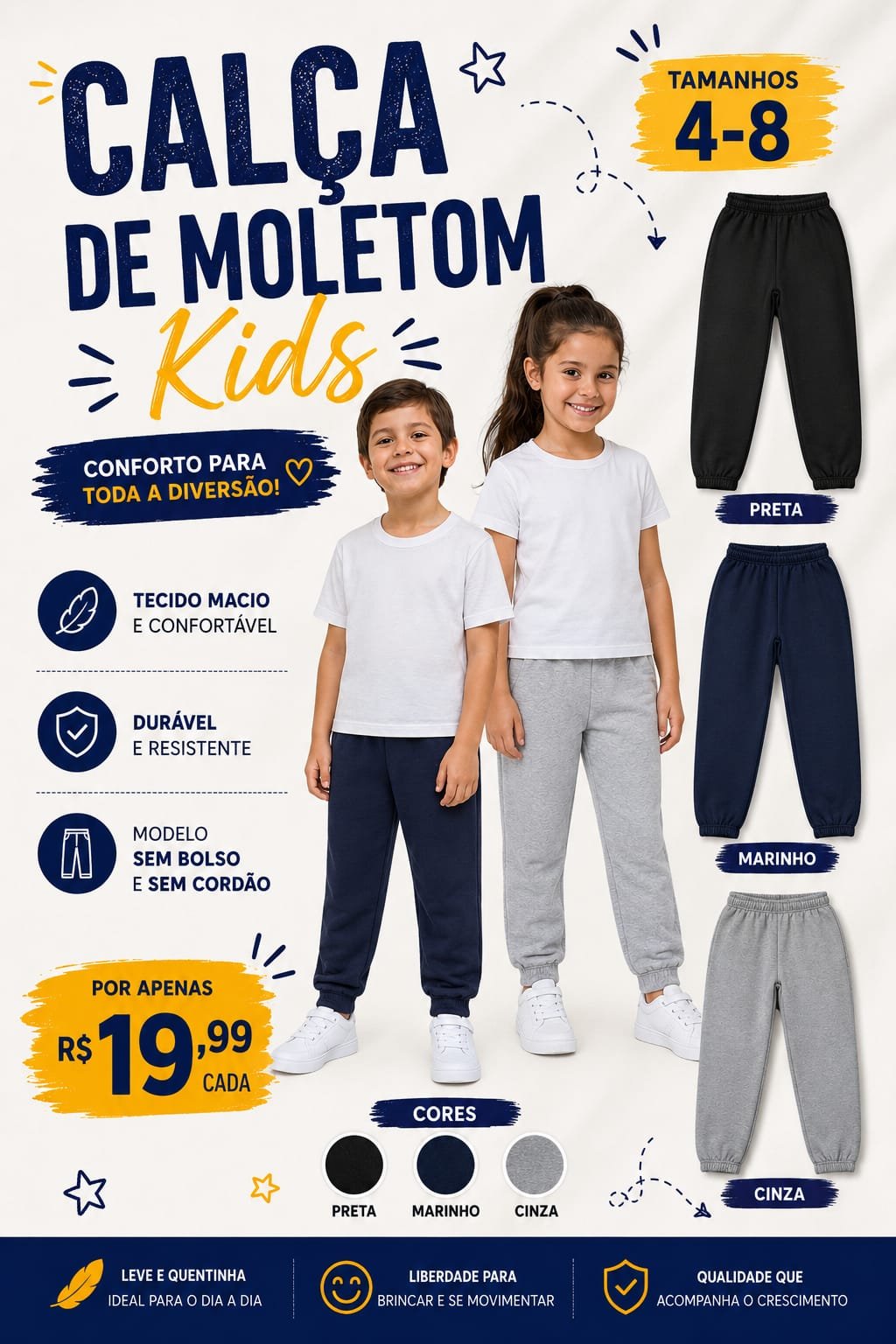Calça de Moletom Escolar Tam. 4 a 8