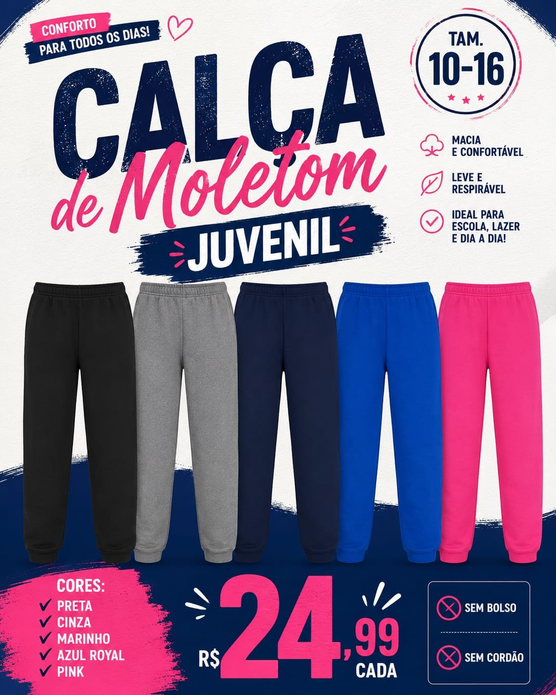 Calça de Moletom Juvenil Tam. 10 a 16